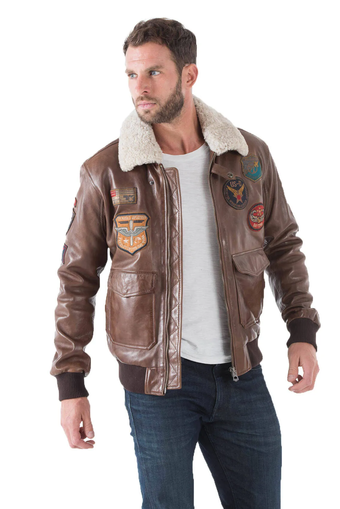 Leather jacket man dark brown aviator style 001577