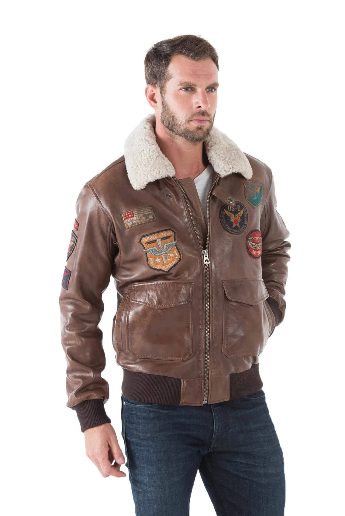 Leather jacket man dark brown aviator style 001577