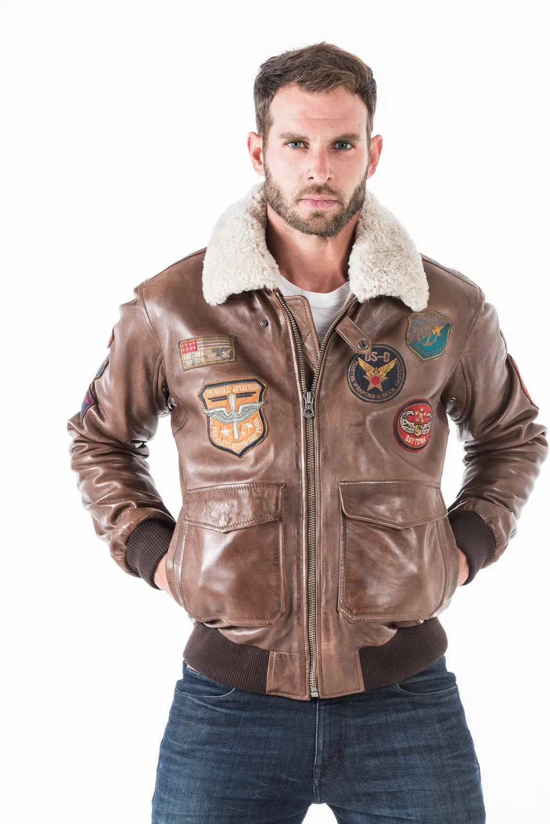 Leather jacket man dark brown aviator style 001577