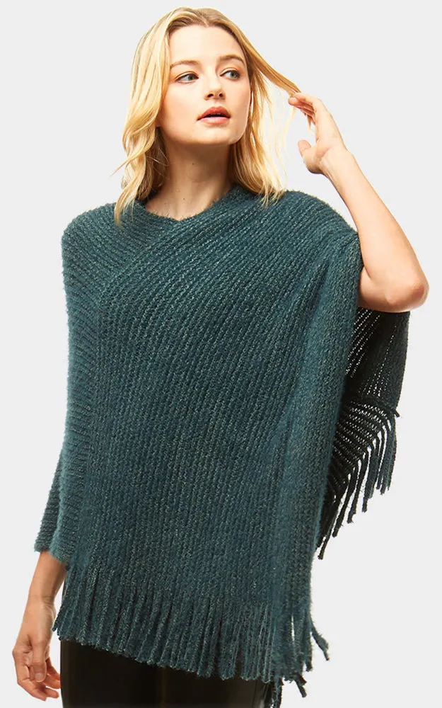 LF959 Basic Solid Poncho with Fringe