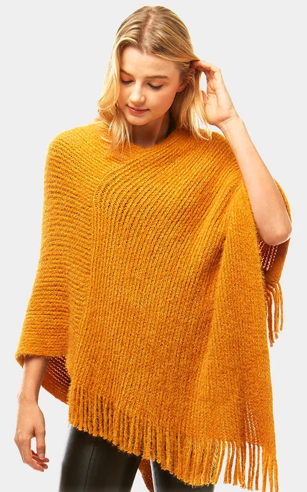 LF959 Basic Solid Poncho with Fringe