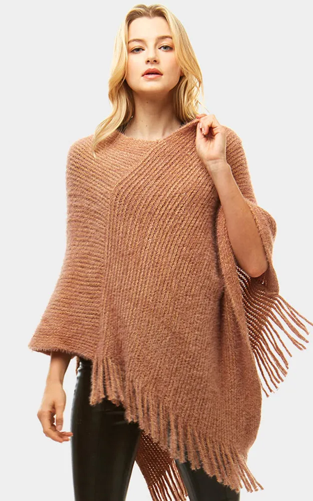 LF959 Basic Solid Poncho with Fringe