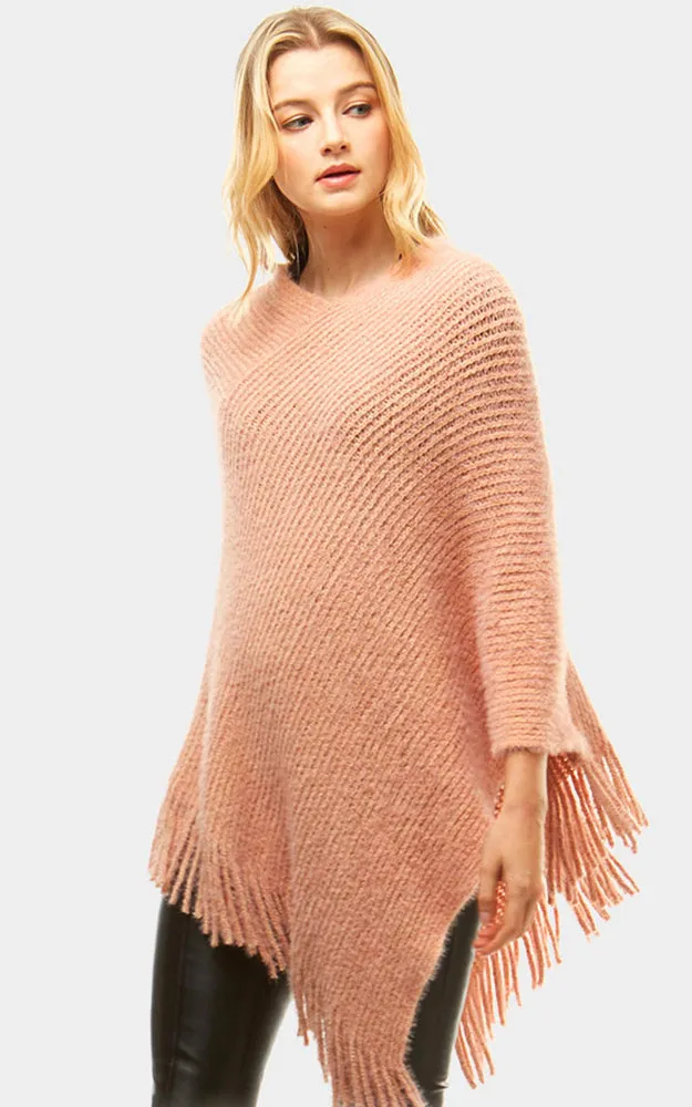 LF959 Basic Solid Poncho with Fringe