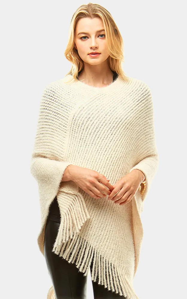 LF959 Basic Solid Poncho with Fringe