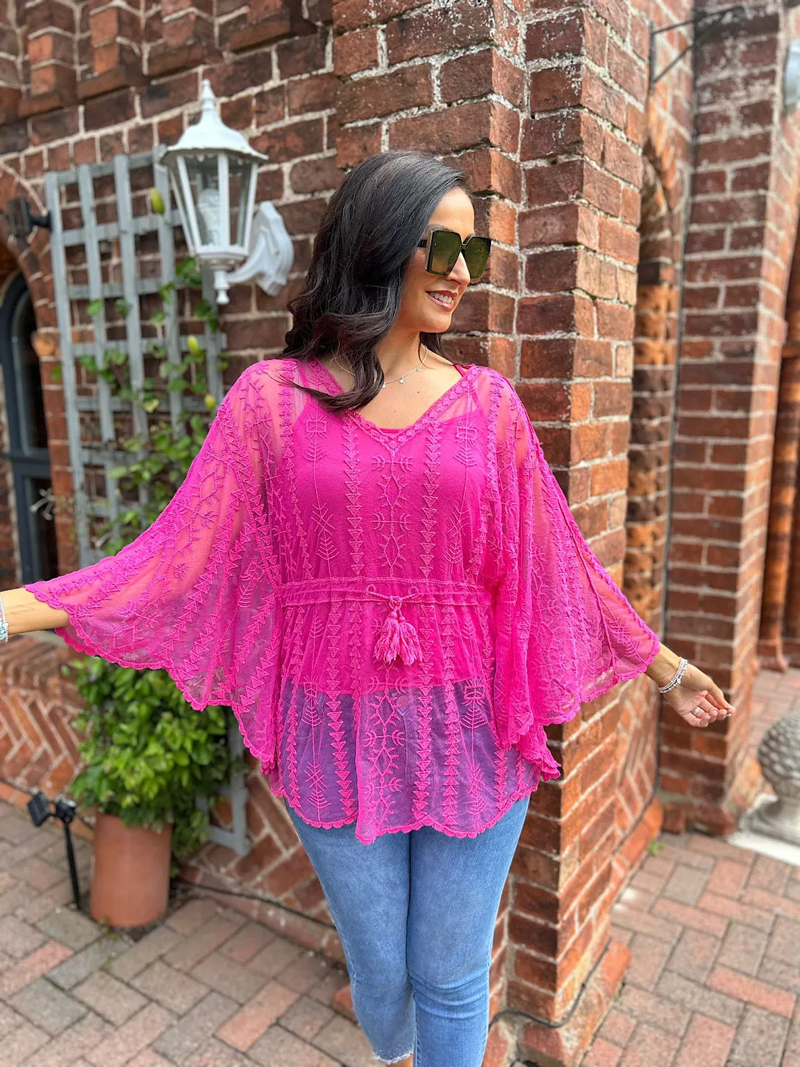 Lipstick Pink Crochet Lace Batwing Top Belle