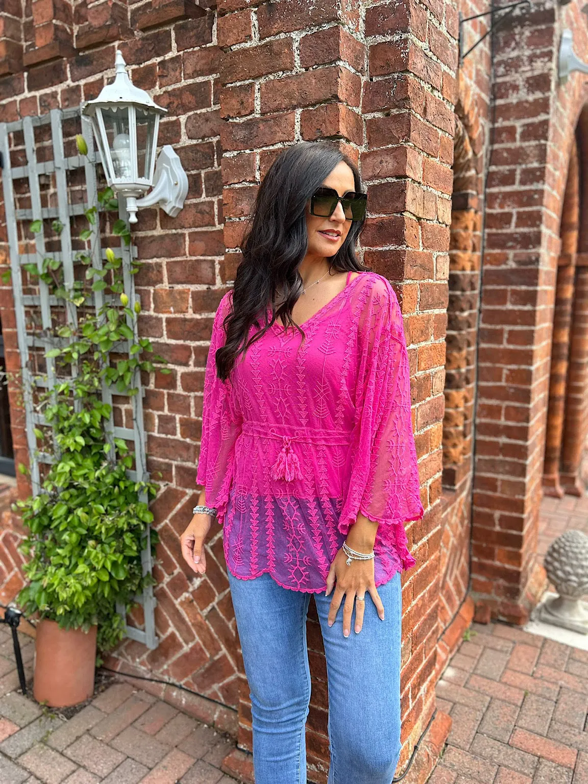 Lipstick Pink Crochet Lace Batwing Top Belle