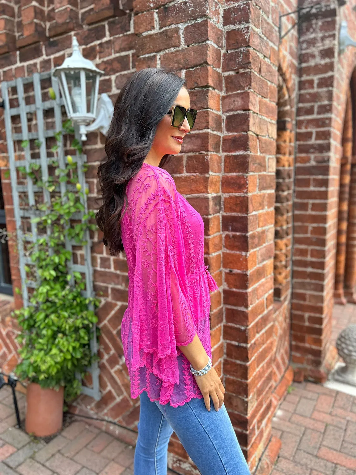 Lipstick Pink Crochet Lace Batwing Top Belle