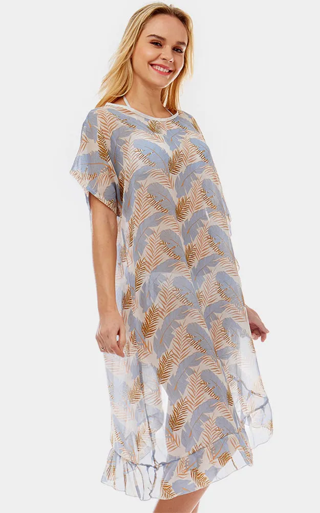 LOF1039 Tropical Leaf and Feather Half Ruffled Poncho