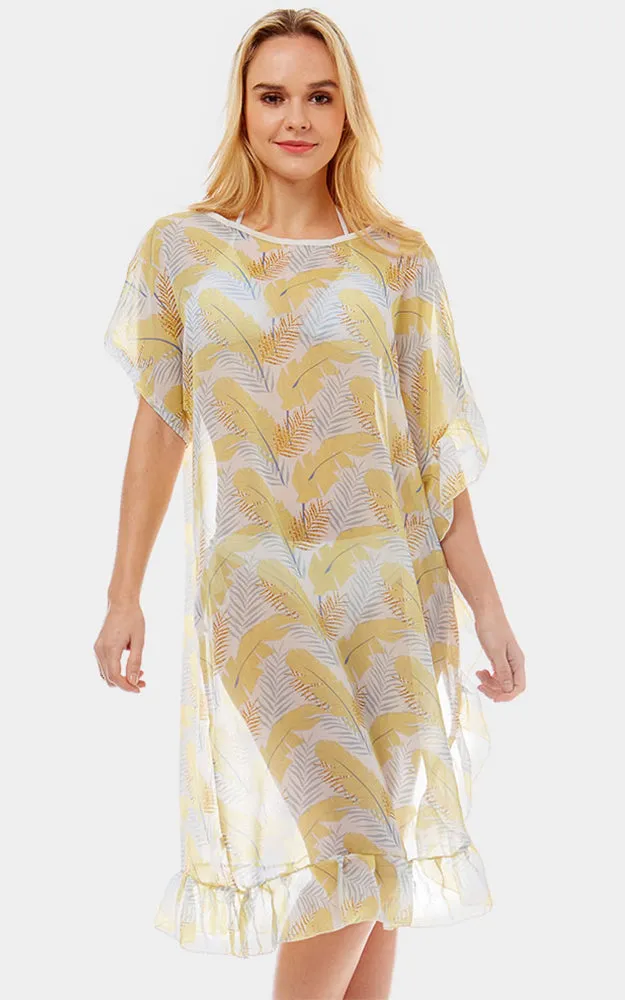 LOF1039 Tropical Leaf and Feather Half Ruffled Poncho