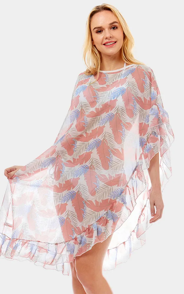 LOF1039 Tropical Leaf and Feather Half Ruffled Poncho