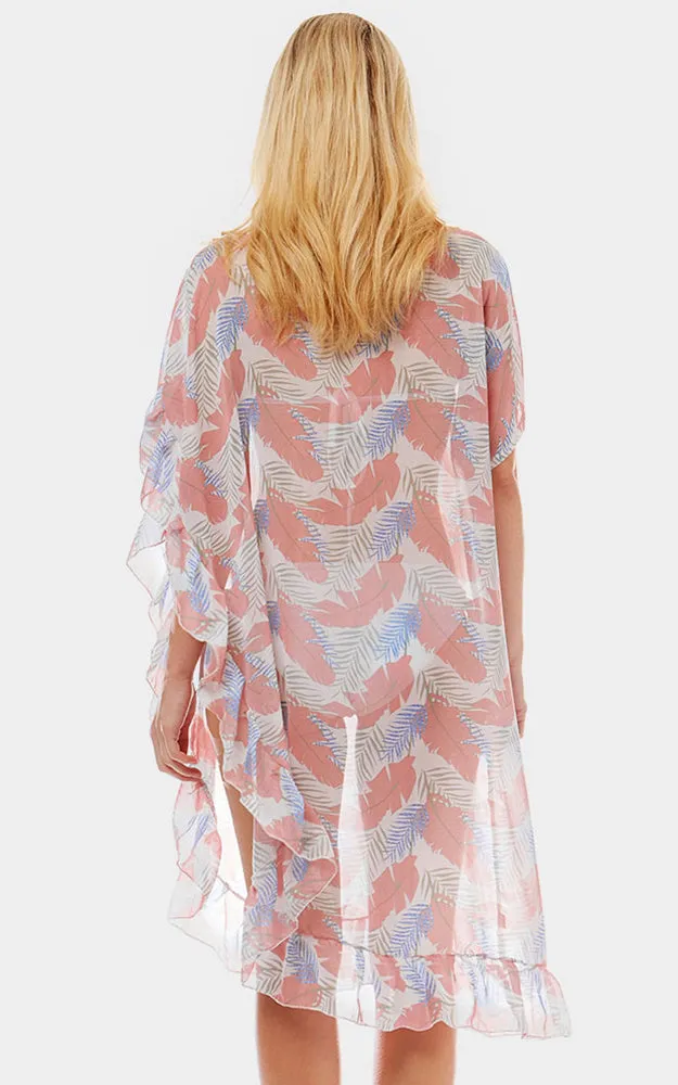 LOF1039 Tropical Leaf and Feather Half Ruffled Poncho