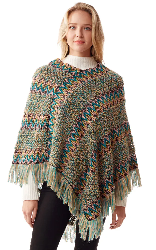 LOF1254 Boho Chevron Pattern Poncho w/Fringes