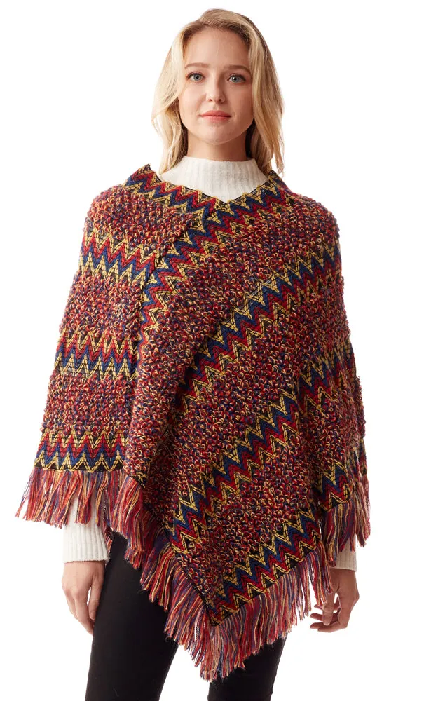 LOF1254 Boho Chevron Pattern Poncho w/Fringes