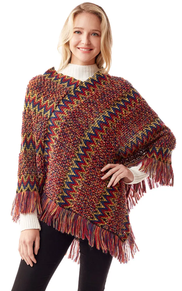 LOF1254 Boho Chevron Pattern Poncho w/Fringes