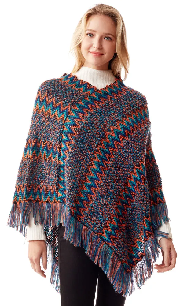 LOF1254 Boho Chevron Pattern Poncho w/Fringes