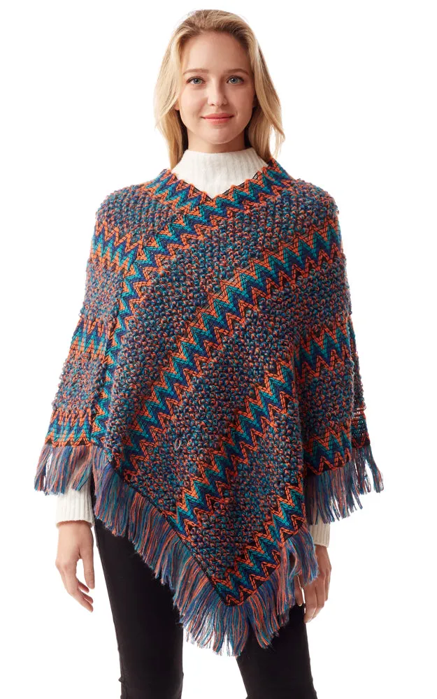 LOF1254 Boho Chevron Pattern Poncho w/Fringes