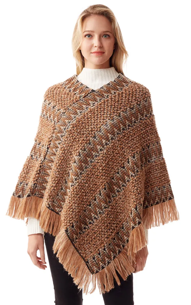 LOF1254 Boho Chevron Pattern Poncho w/Fringes