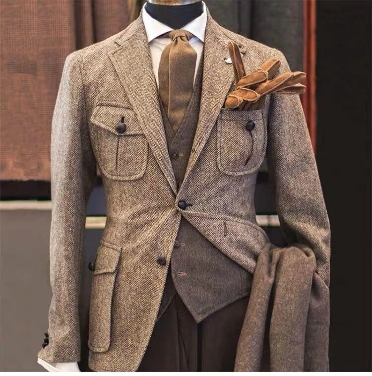 Men's Custom Made Woollen Tweed British Style Slim Fit Wedding Blazer