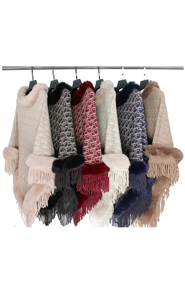 P1784 Multi Pattern Comfy Fur Trim Poncho 6pcs Pack