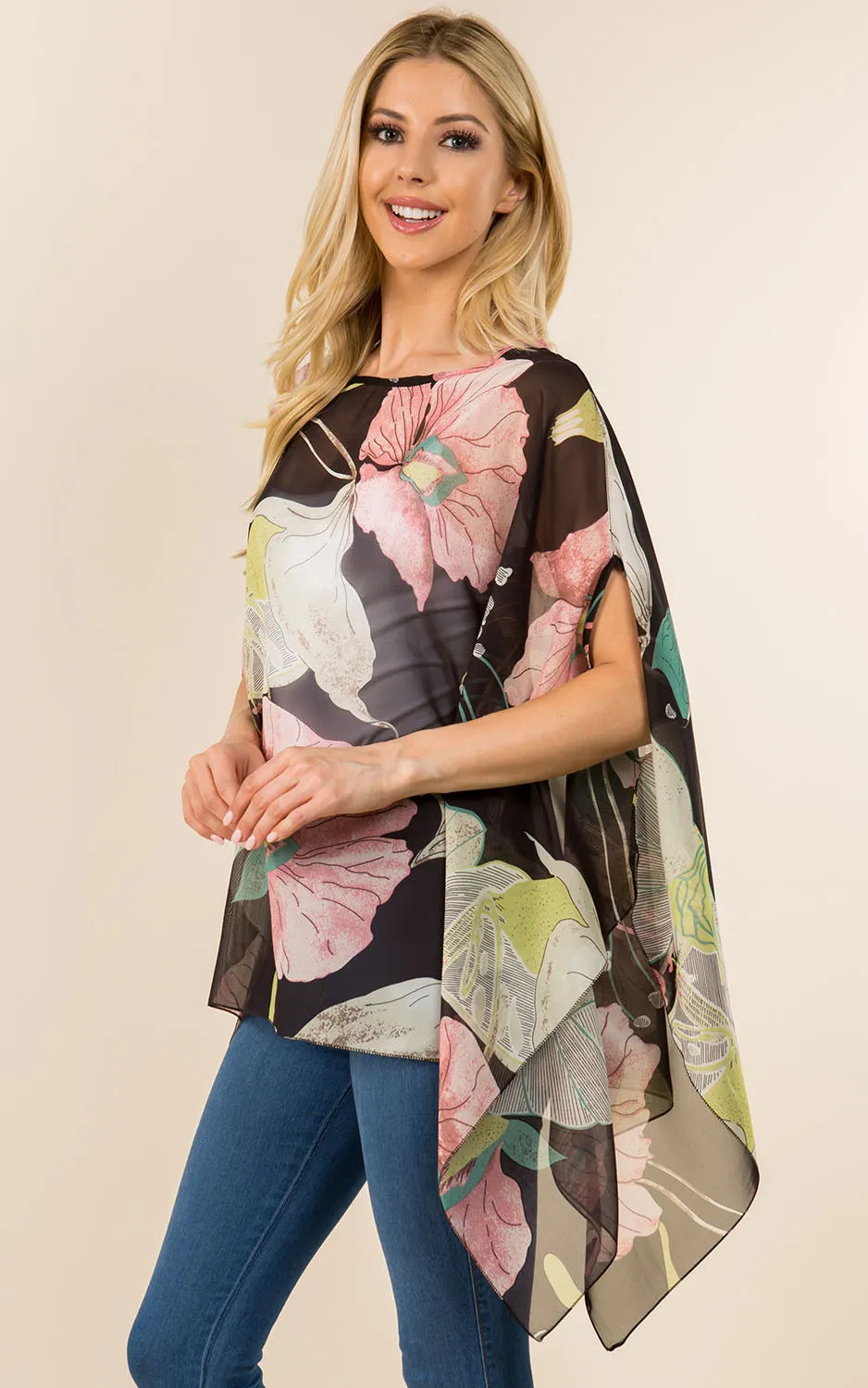 PON482 Floral Pattern Poncho Cover Up