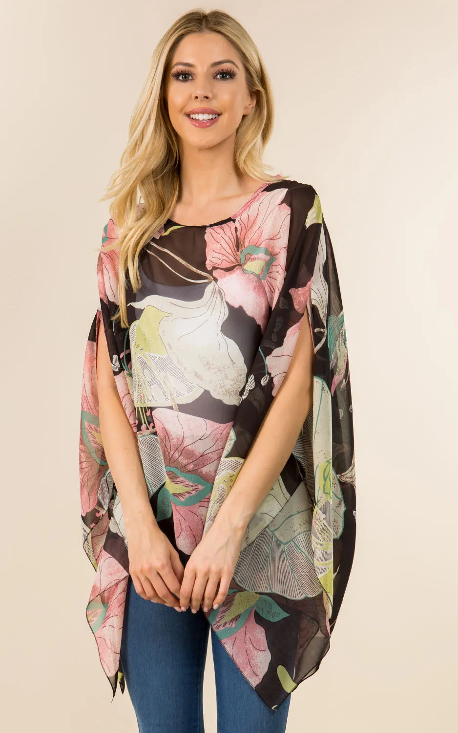 PON482 Floral Pattern Poncho Cover Up