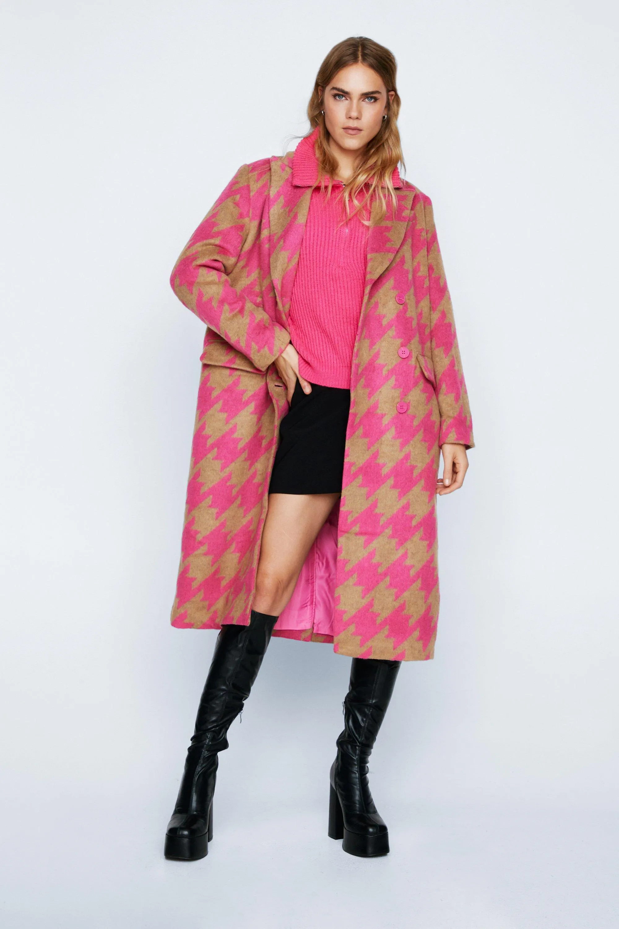 Premium Oversized Houndstooth Double Breasted Coat