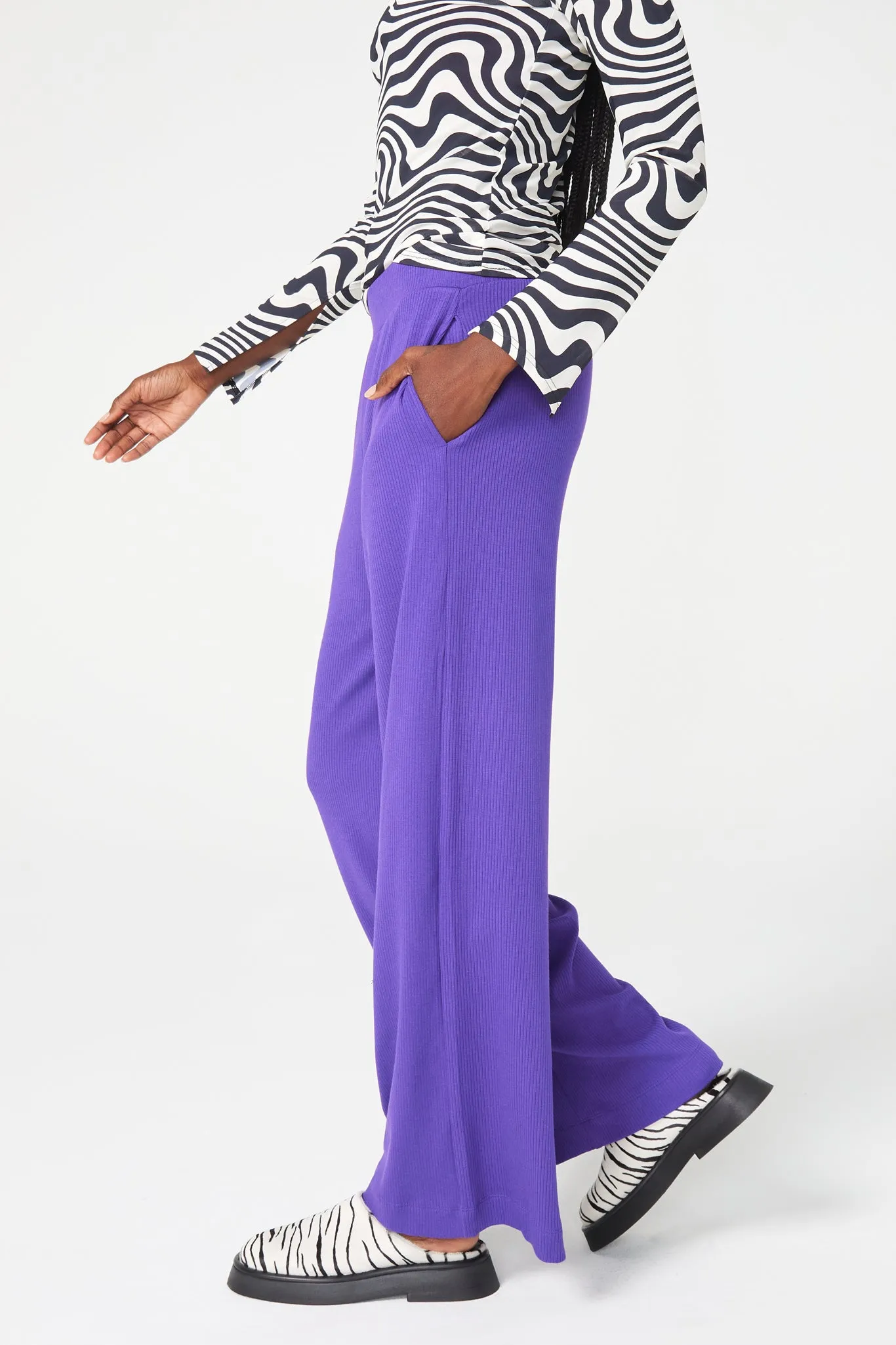 Rib Wide Leg Pant in Electric Purple