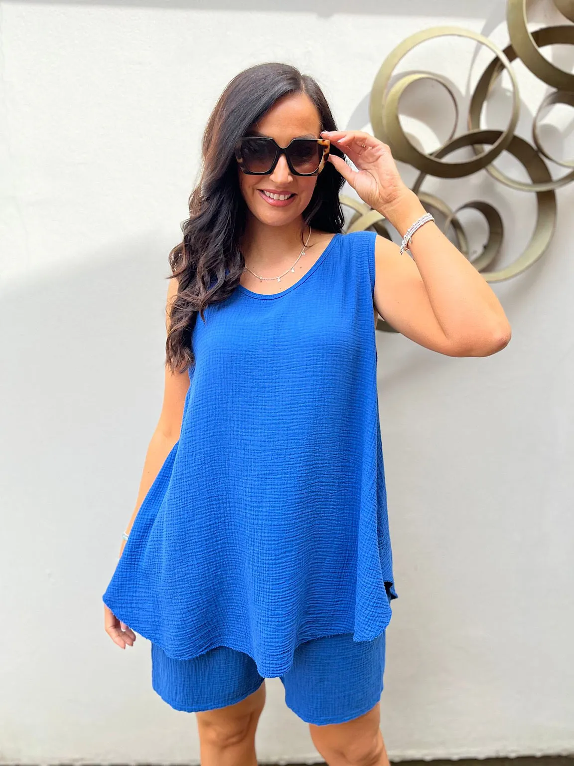 Royal Blue Bubble Cotton Vest Top Fran