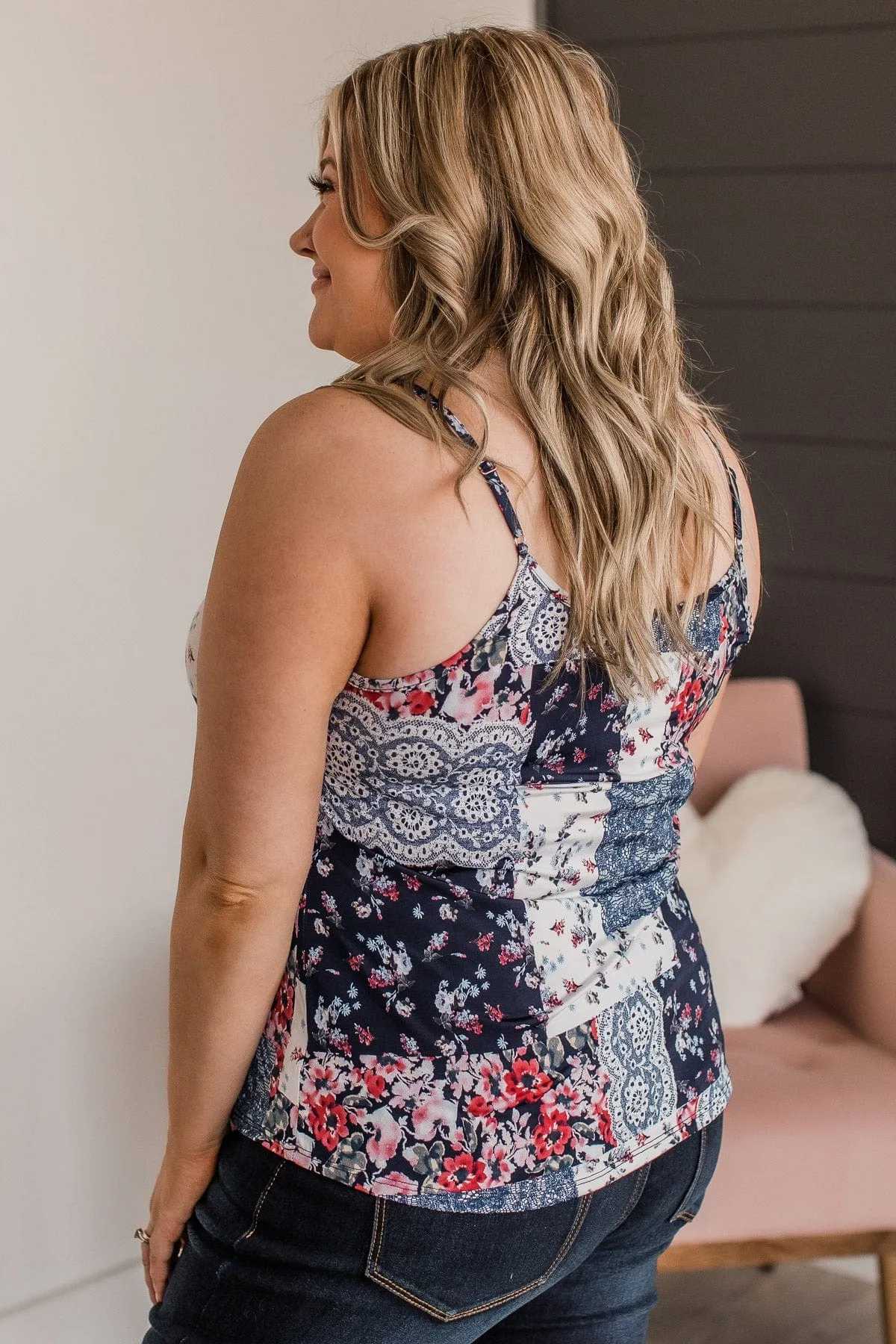 The Way You Love Me Floral Lace Tank- Navy