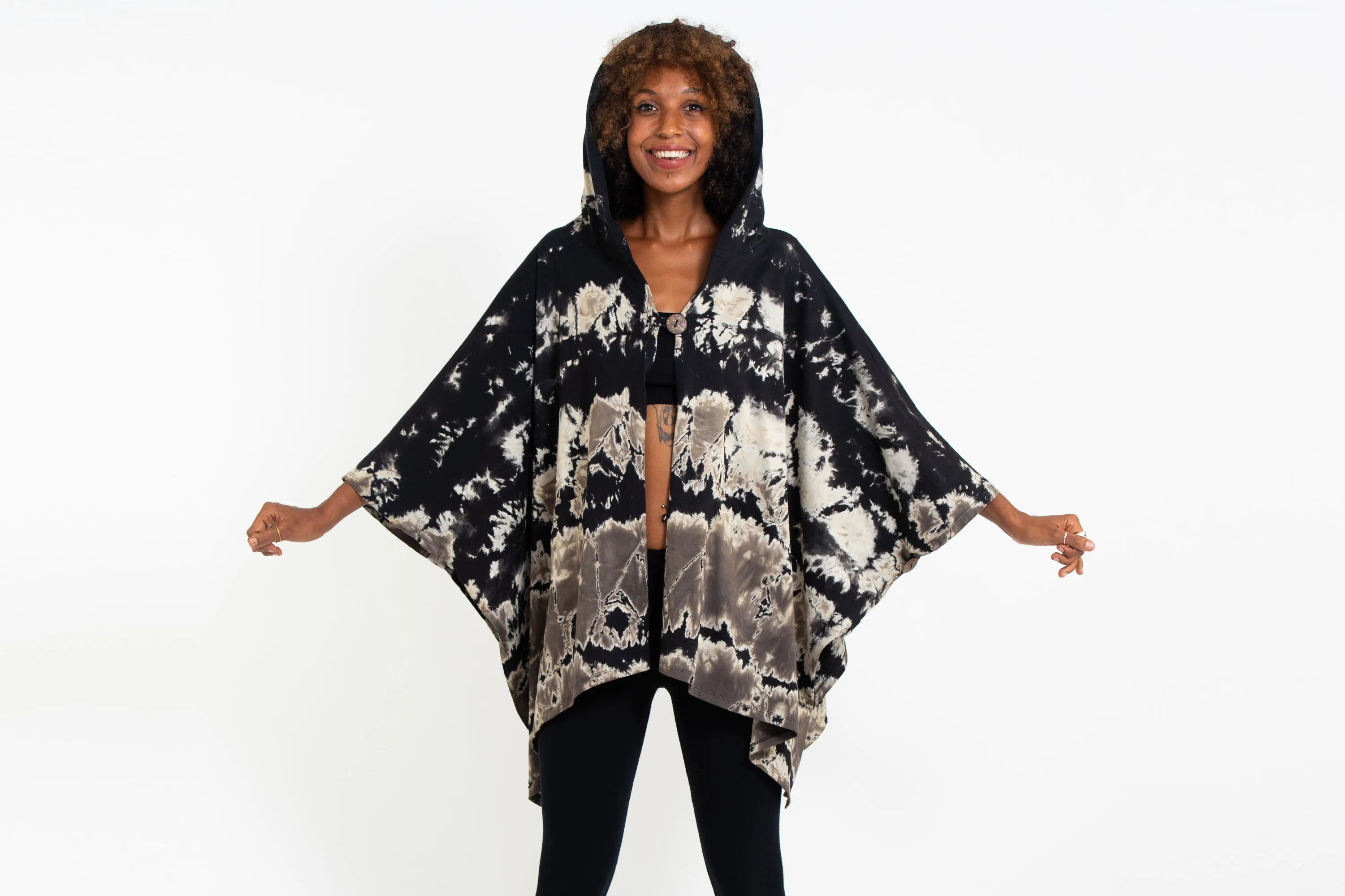 Tie Dye Cotton Hooded Poncho Jacket in Black 03