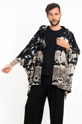 Tie Dye Cotton Hooded Poncho Jacket in Black 03