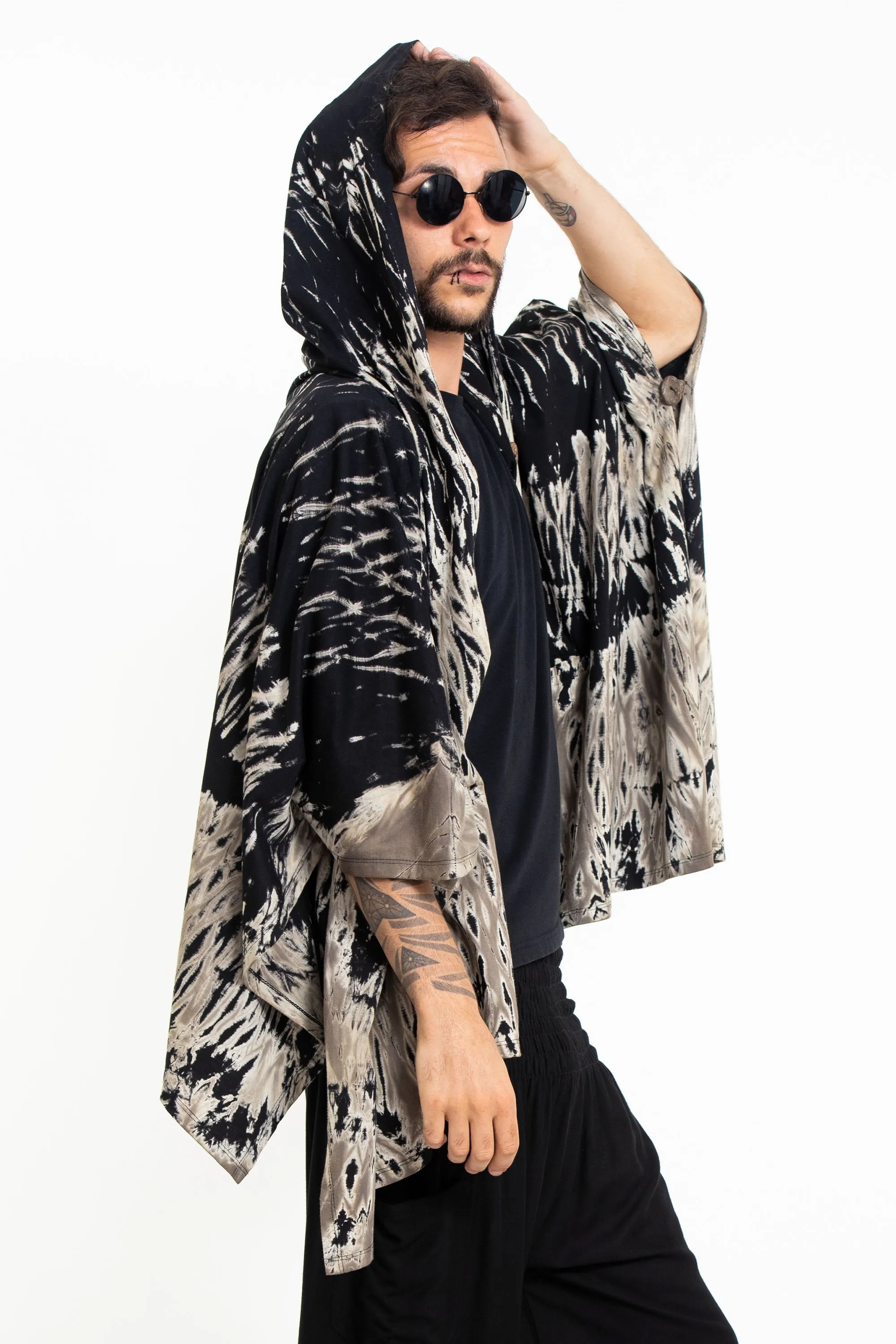 Tie Dye Cotton Hooded Poncho Jacket in Black 03