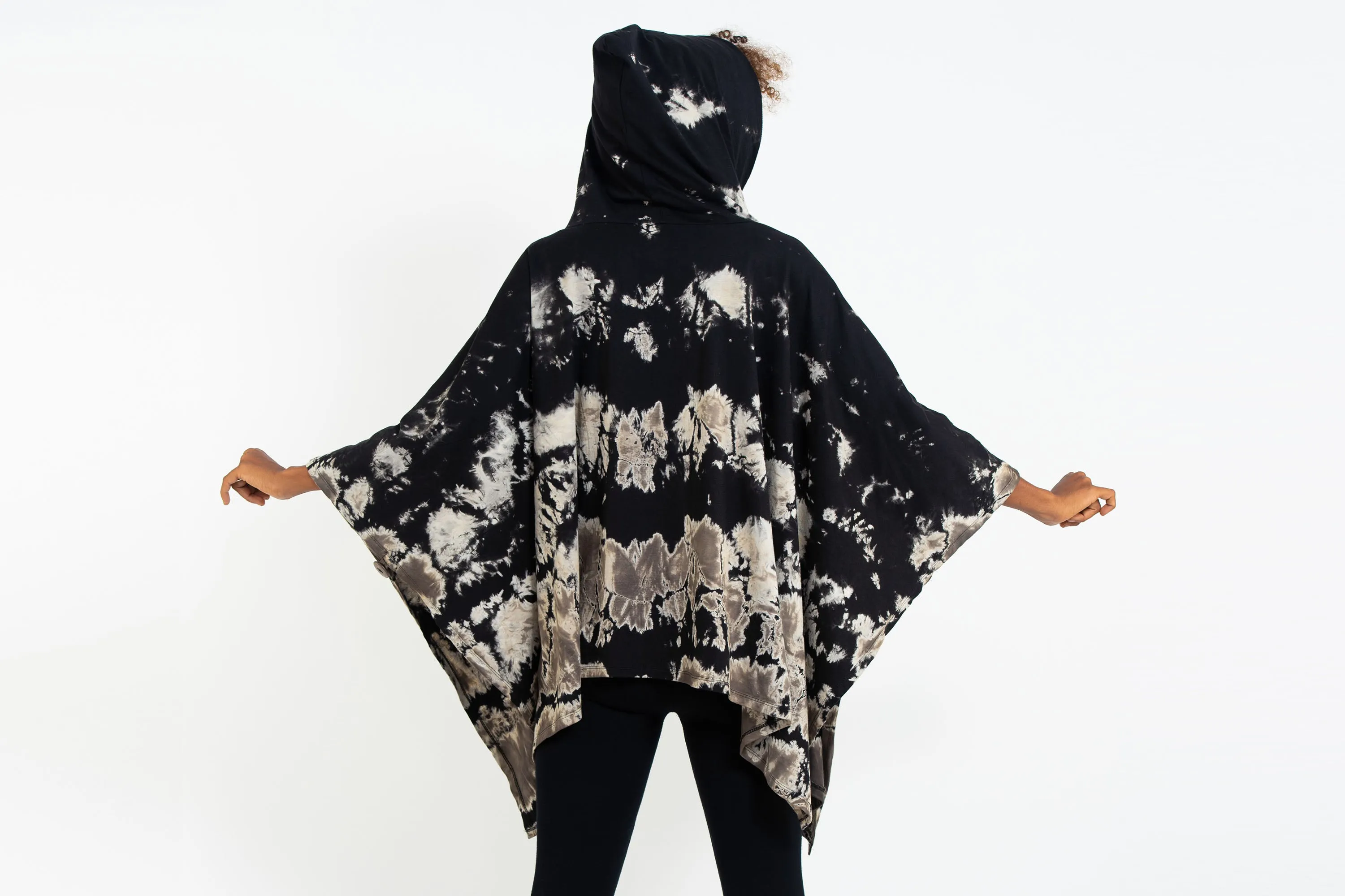 Tie Dye Cotton Hooded Poncho Jacket in Black 03