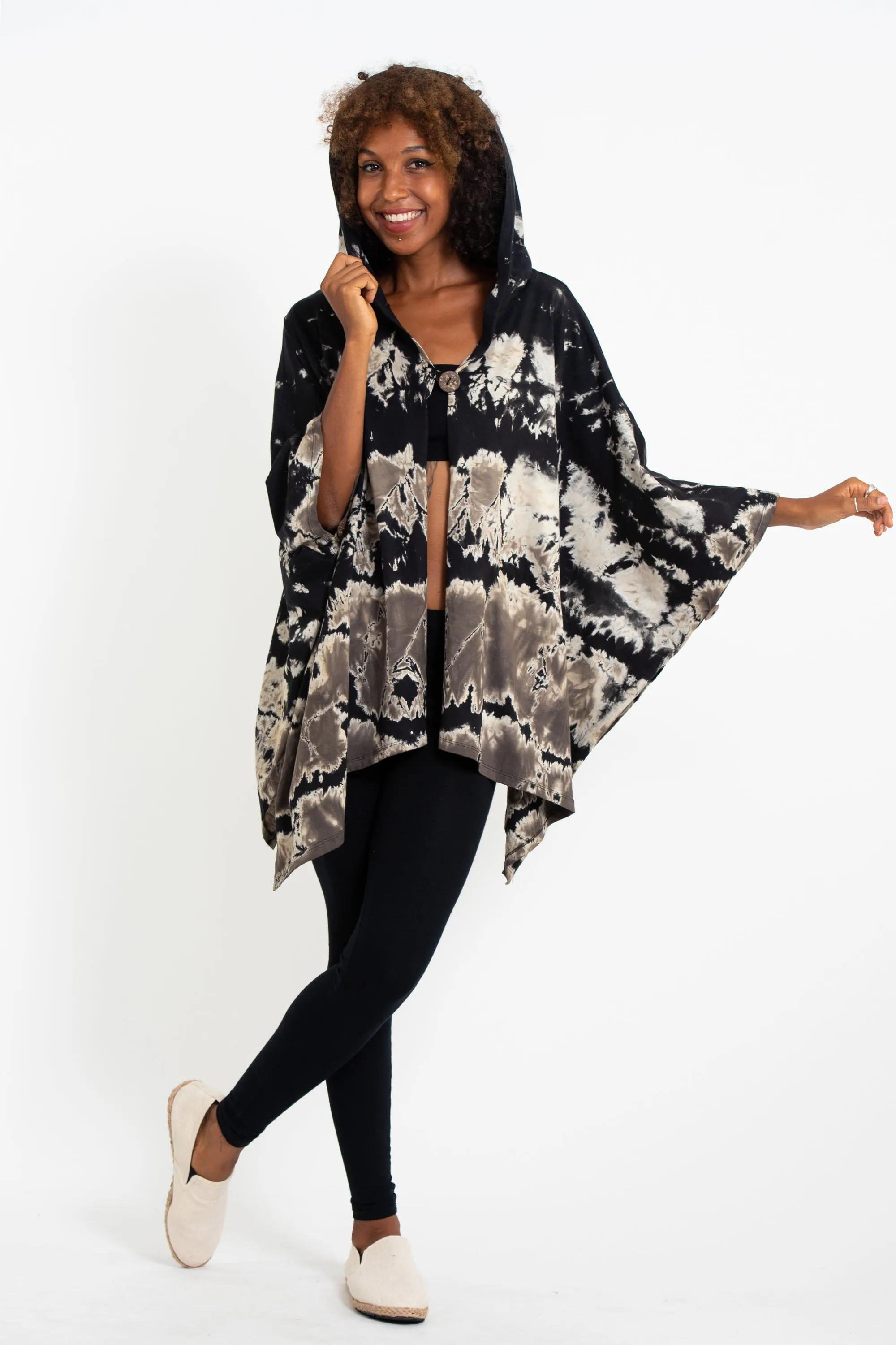 Tie Dye Cotton Hooded Poncho Jacket in Black 03