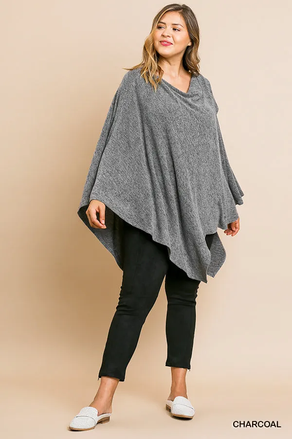 Umgee Charcoal Heathered Knit Cowl Neck Poncho Tunic-PLUS SIZE