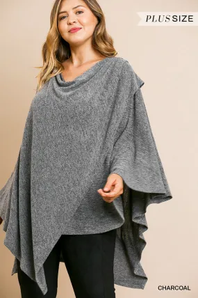 Umgee Charcoal Heathered Knit Cowl Neck Poncho Tunic-PLUS SIZE