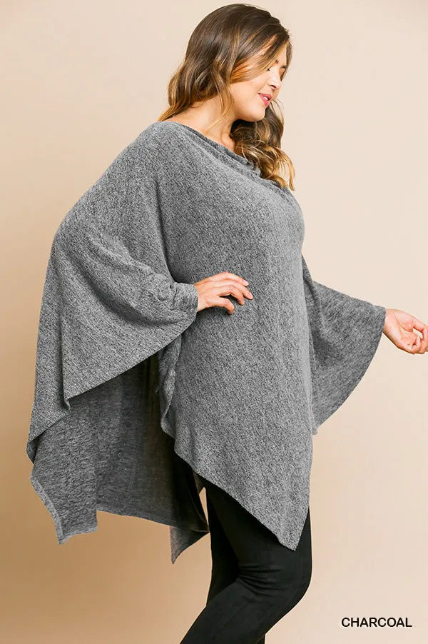 Umgee Charcoal Heathered Knit Cowl Neck Poncho Tunic-PLUS SIZE