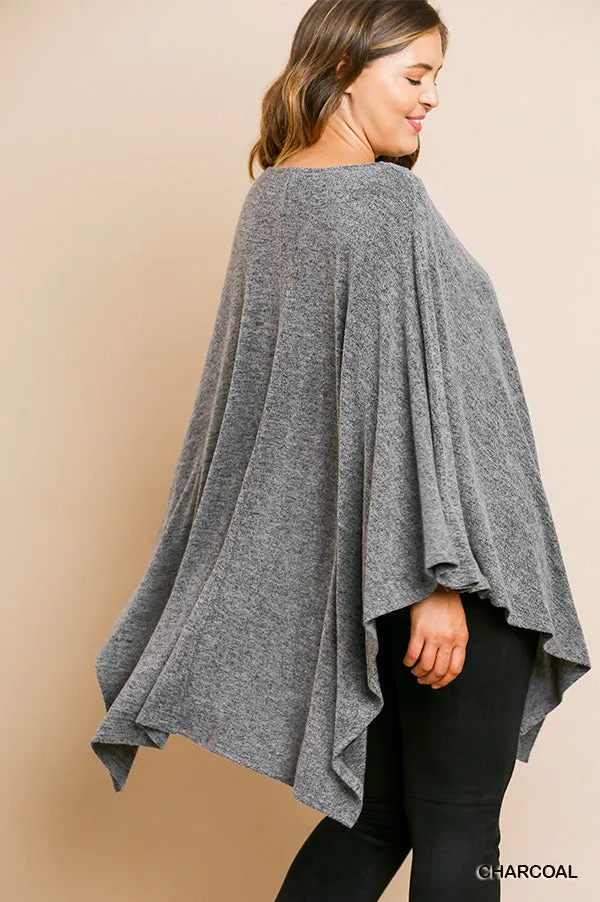 Umgee Charcoal Heathered Knit Cowl Neck Poncho Tunic-PLUS SIZE