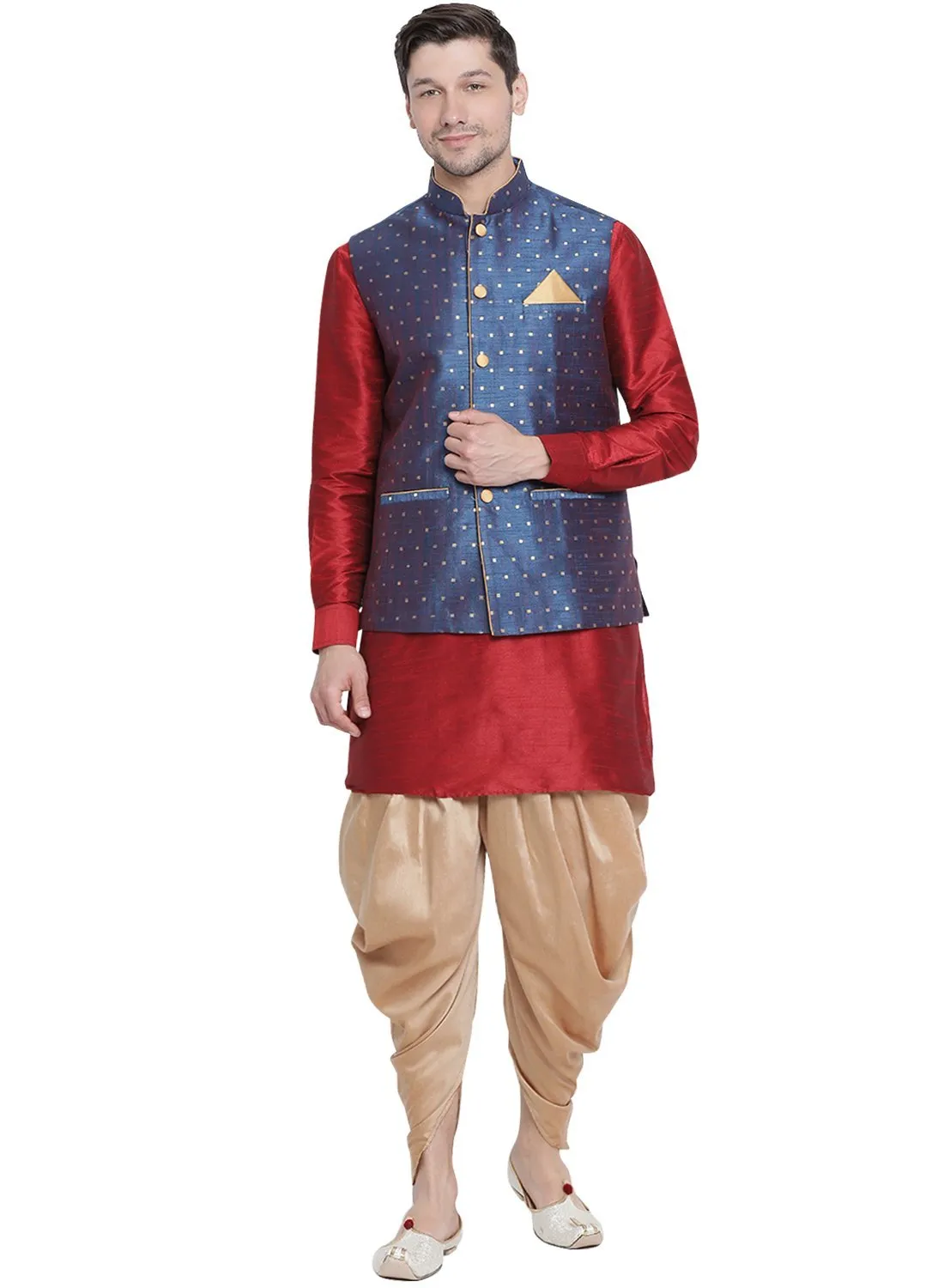 VASTRAMAY Men's Blue Zari Weaved Jacket With Kurta Dhoti Set