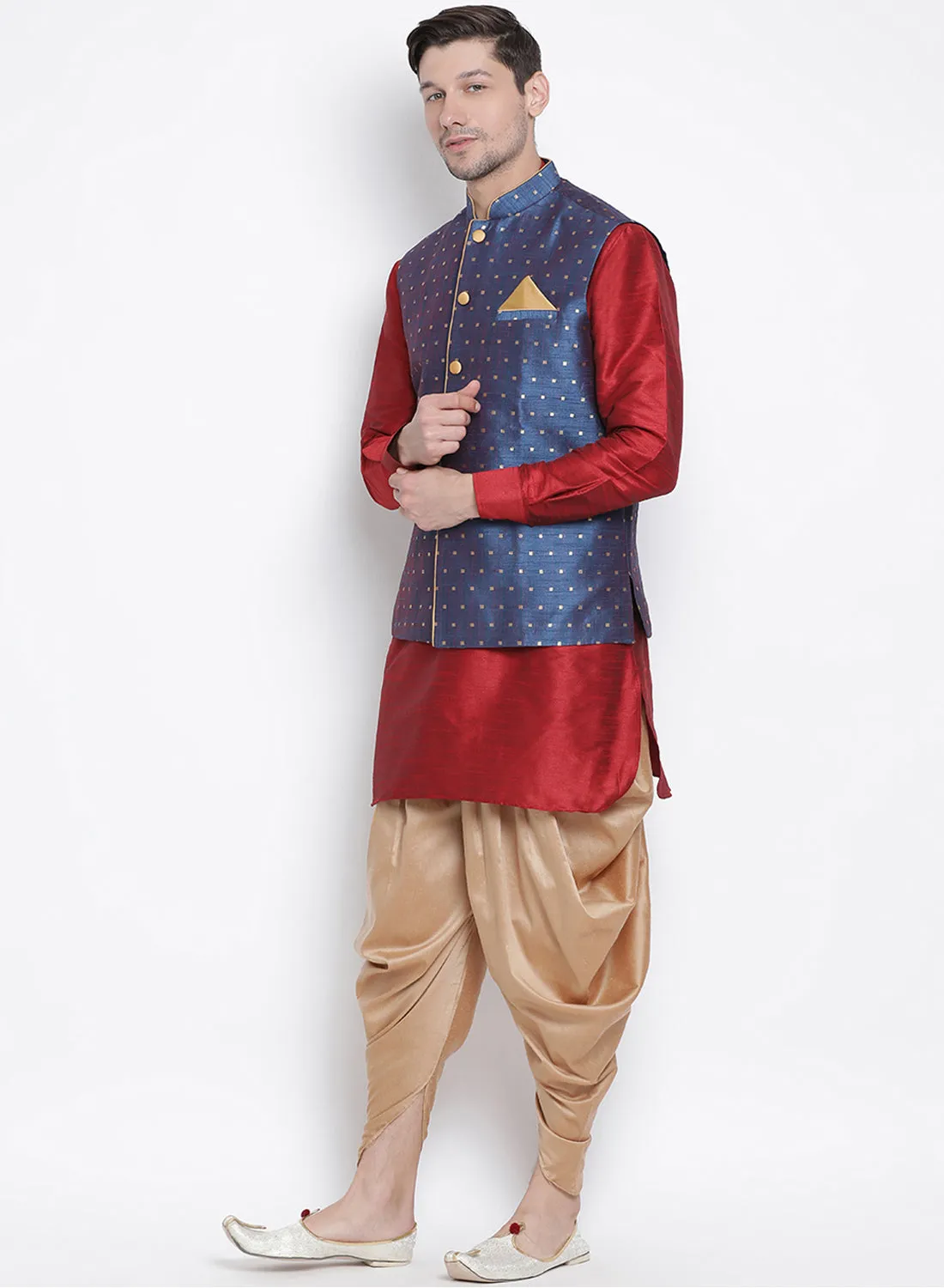 VASTRAMAY Men's Blue Zari Weaved Jacket With Kurta Dhoti Set