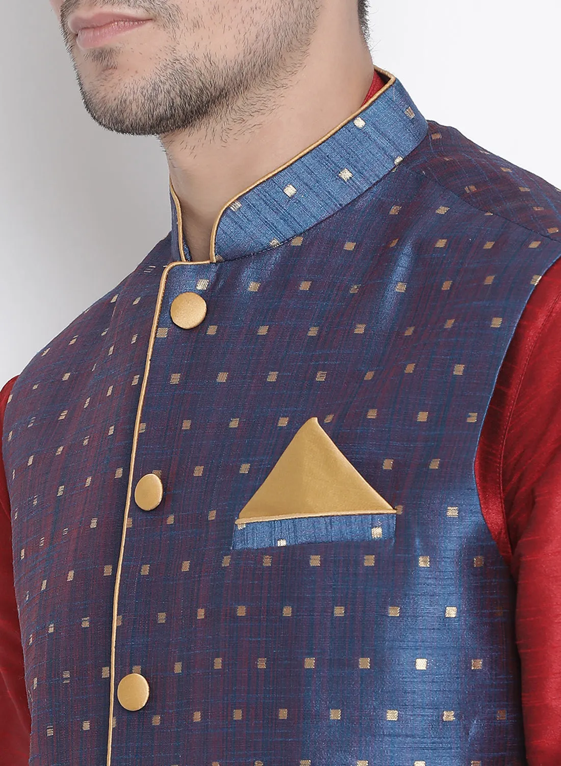 VASTRAMAY Men's Blue Zari Weaved Jacket With Kurta Dhoti Set