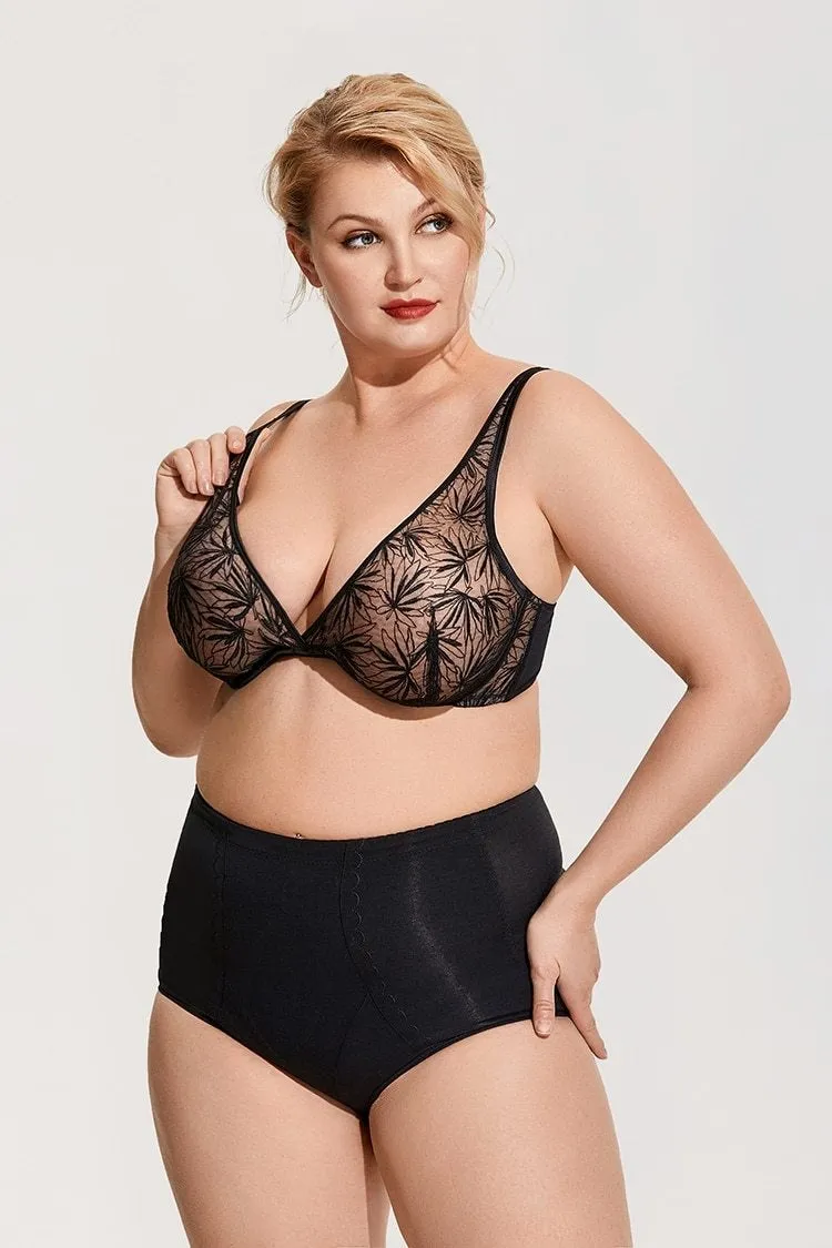 Women's Plus Size Black Foral Mesh Lace Deep V Plunge Unlined Underwire Bra