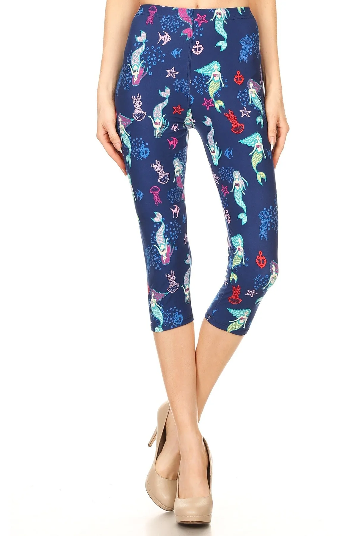 Women's Regular Mermaid Jellyfish Starfish Printed Cropped Capri Leggings