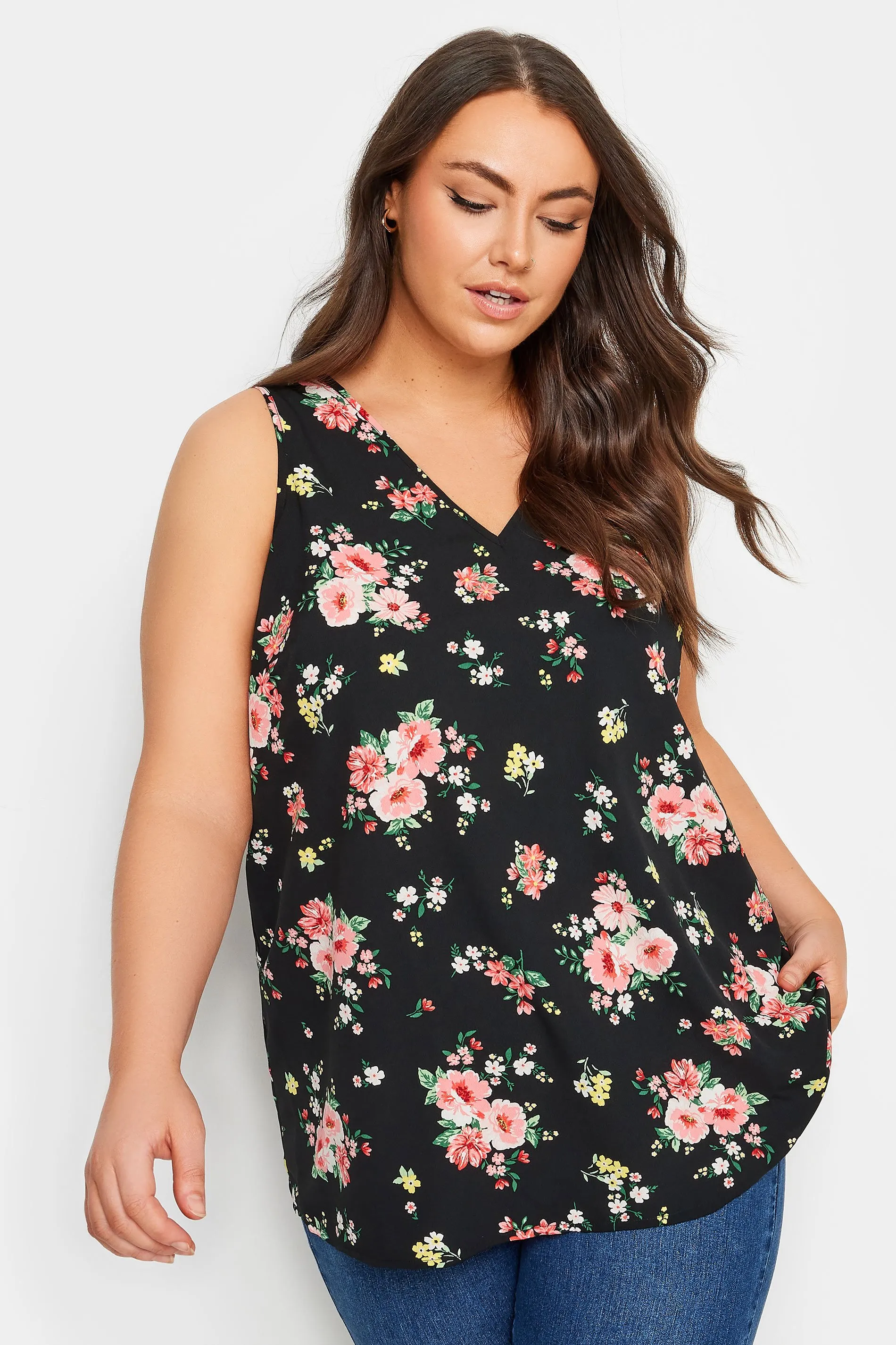 YOURS Curve Black & Pink Floral Print Vest Top