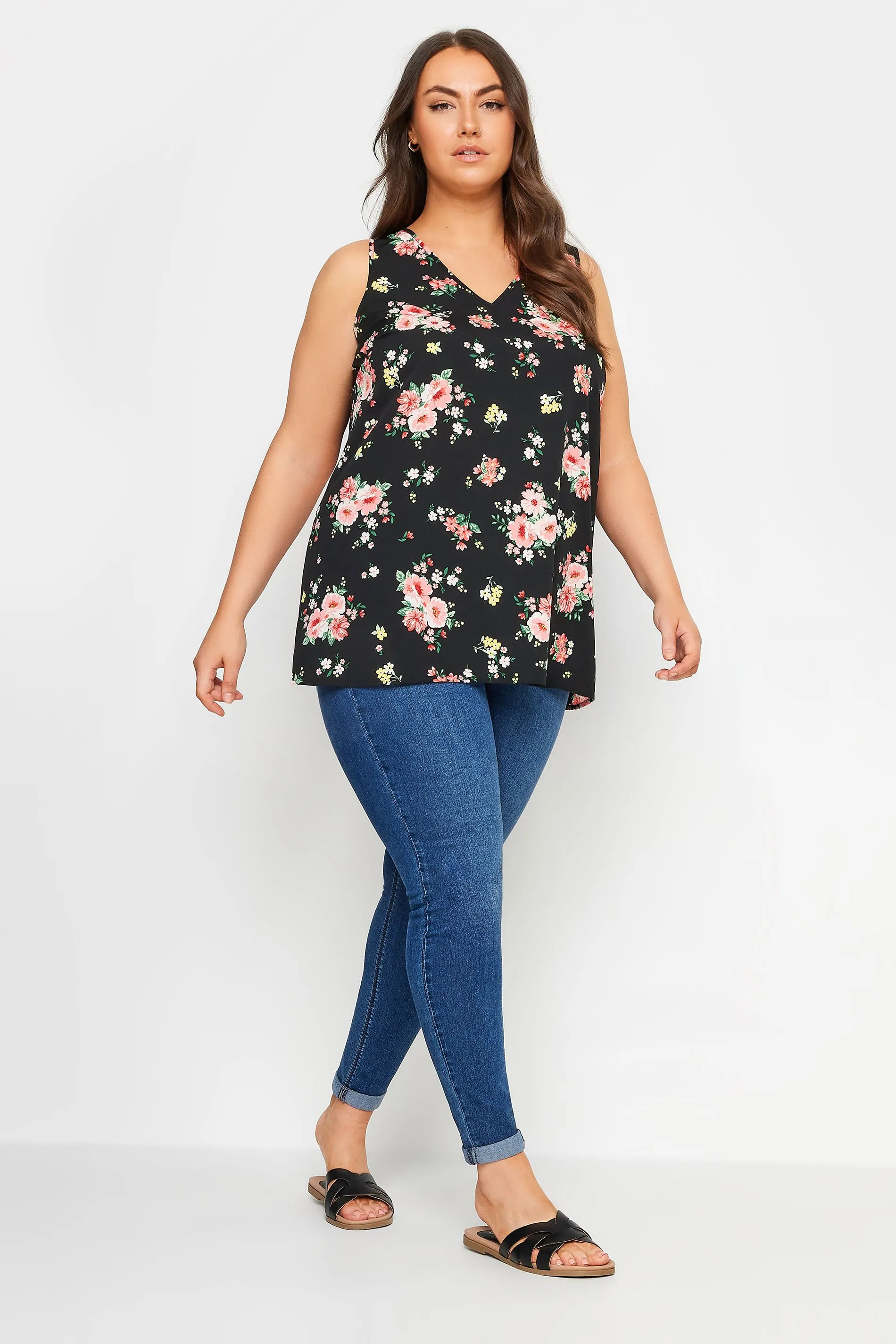 YOURS Curve Black & Pink Floral Print Vest Top