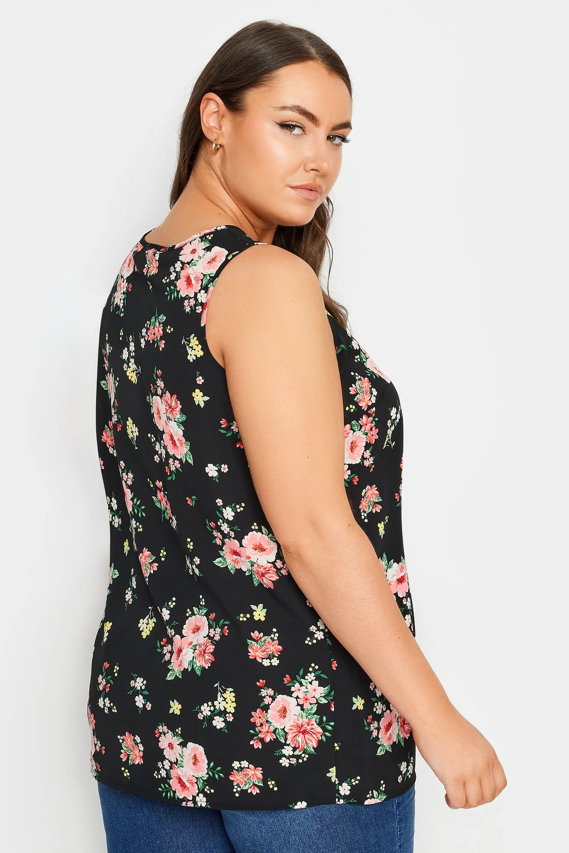 YOURS Curve Black & Pink Floral Print Vest Top