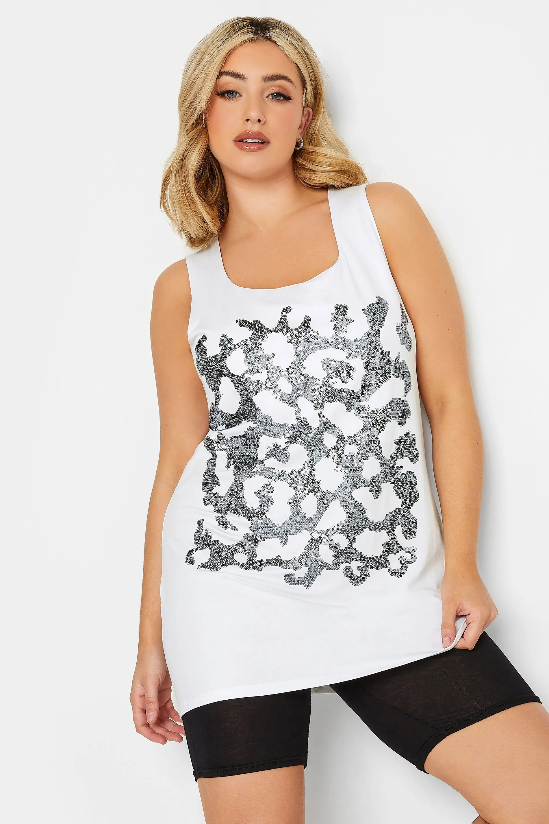 YOURS Curve White Leopard Print Sequin Vest Top